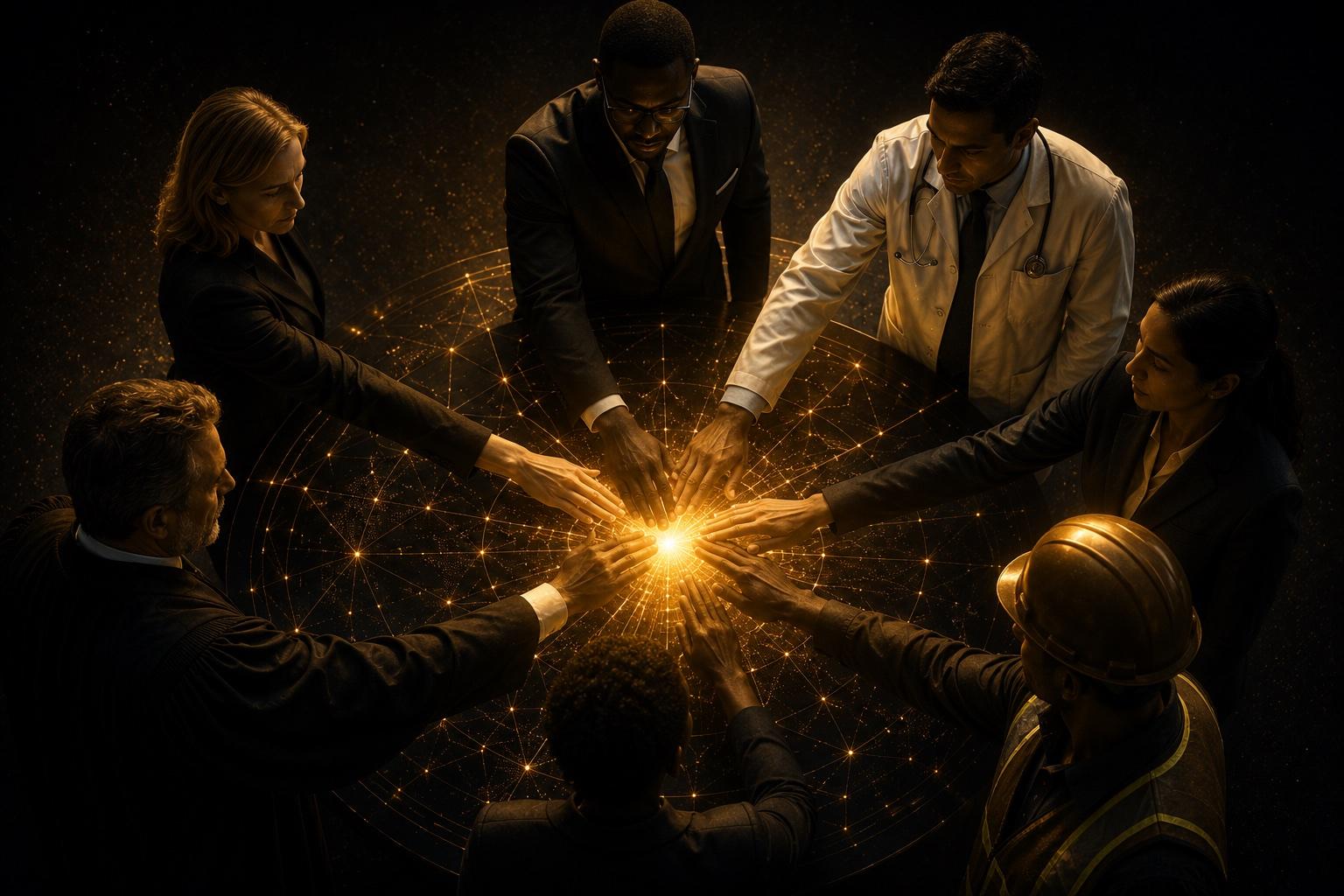 Two organisations exchanging a document, warm cinematic lighting — Kweli Art Book