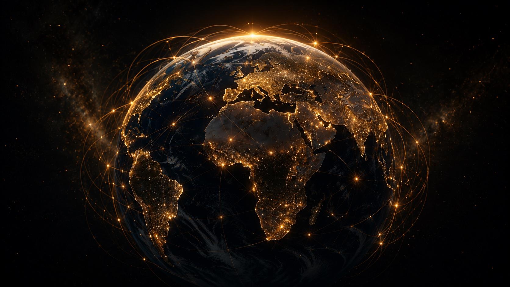 Africa traced with a fine gold trust-network, cinematic, global scale — Kweli Art Book